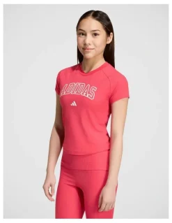 Adidas Sport Seasonals Collegiate Typography T-Shirt Junior Girls in Power Pink and White