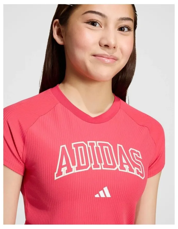 Adidas Sport Seasonals Collegiate Typography T-Shirt Junior Girls in Power Pink and White