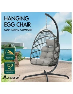 Alfordson Outdoor Egg Wicker Rattan Pod Foldable Seat Swing Chair in Light Grey