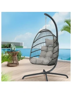 Alfordson Outdoor Egg Wicker Rattan Pod Foldable Seat Swing Chair in Light Grey