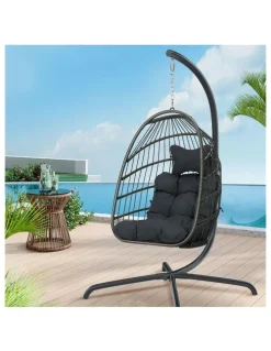 Alfordson Outdoor Egg Wicker Rattan Pod Foldable Seat Swing Chair in Dark Grey