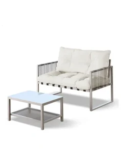 Alfordson 2PCS Outdoor Lounge Sofa Set Wicker Furniture Table and Chairs Garden Beige