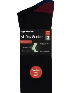 All Day SocksTM Mens Heel & Toe Cushioned Crew Crew 2 Pack in Burgundy/Blue