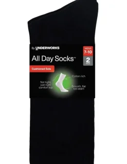 All Day SocksTM Mens Plain Cushioned Cotton Crew 2 Pack in Black
