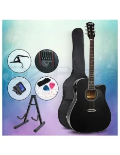 Alpha 41 Inch Acoustic Guitar Equaliser Electric Output Cutaway With Stand in Black