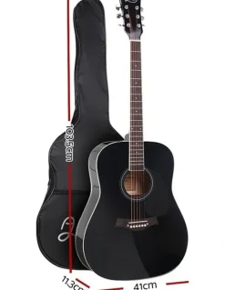 Alpha 41 Inch Acoustic Guitar Wooden Body Steel String Dreadnought Stand in Black