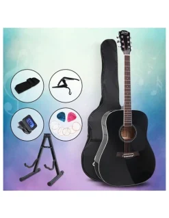 Alpha 41 Inch Acoustic Guitar Wooden Body Steel String Dreadnought Stand in Black