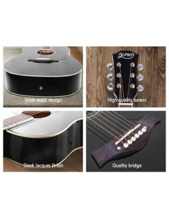 Alpha 41 Inch Acoustic Guitar Wooden Body Steel String Dreadnought Stand in Black