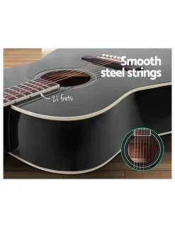 Alpha 41 Inch Acoustic Guitar Wooden Body Steel String Dreadnought Stand in Black
