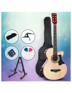 Alpha 38 Inch Acoustic Guitar Wooden Body Steel String Full Size With Wood Stand