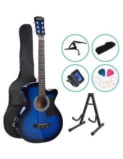 Alpha 38 Inch Acoustic Guitar Wooden Body Steel String Full Size w/ Stand Blue