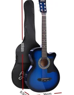 Alpha 38 Inch Acoustic Guitar Wooden Body Steel String Full Size w/ Stand Blue
