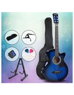 Alpha 38 Inch Acoustic Guitar Wooden Body Steel String Full Size w/ Stand Blue