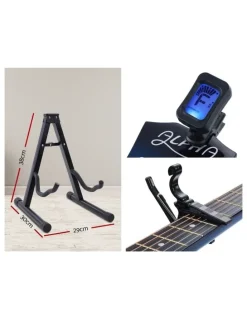 Alpha 38 Inch Acoustic Guitar Wooden Body Steel String Full Size w/ Stand Blue