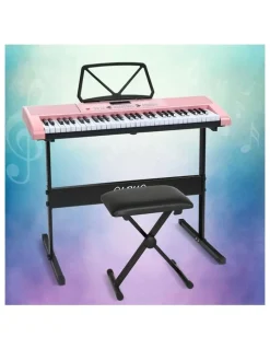 Alpha 61 Keys Electronic Piano Keyboard Digital Electric with Stand and Stool in Pink