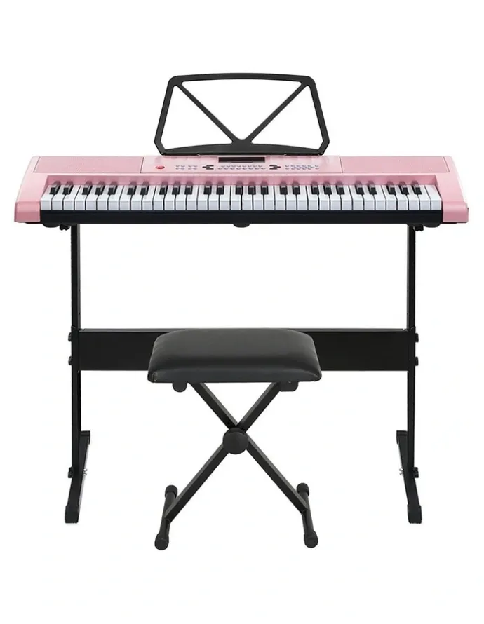 Alpha 61 Keys Electronic Piano Keyboard Digital Electric with Stand and Stool in Pink