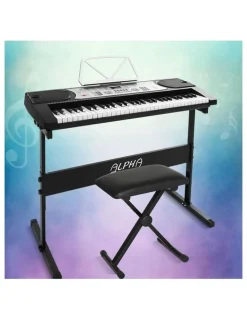 Alpha 61 Keys Electronic Piano Keyboard Digital Electric with Stand and Stool in Silver