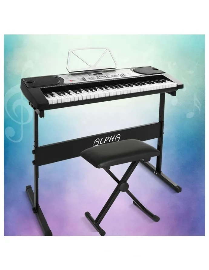 Alpha 61 Keys Electronic Piano Keyboard Digital Electric with Stand and Stool in Silver