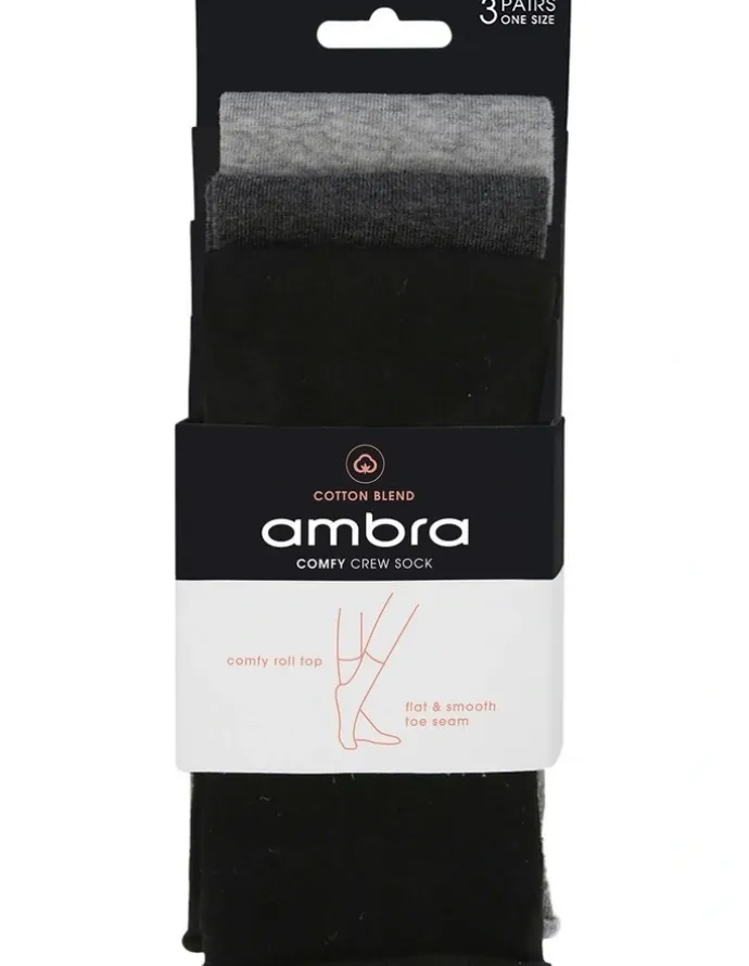 Ambra Cotton Blend Comfy Crew Length 3 Pair Socks in Black/Charcoal Marle