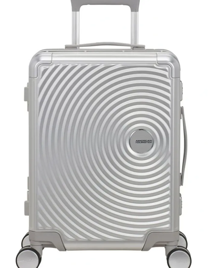 American Tourister Soundbox Alu 55cm Spinner Suitcase in Silver