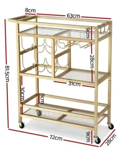 Artiss Bar Cart Drinks Trolley Serving Wine Rack Glass Holder 3 Hooks 72cm in Gold