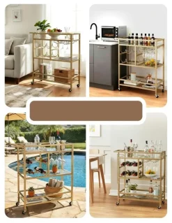 Artiss Bar Cart Drinks Trolley Serving Wine Rack Glass Holder 3 Hooks 72cm in Gold