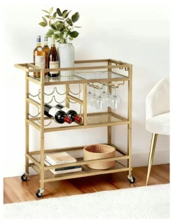 Artiss Bar Cart Drinks Trolley Serving Wine Rack Glass Holder 3 Hooks 72cm in Gold