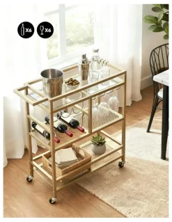 Artiss Bar Cart Drinks Trolley Serving Wine Rack Glass Holder 3 Hooks 72cm in Gold