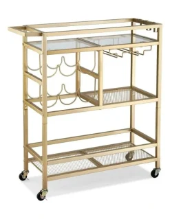 Artiss Bar Cart Drinks Trolley Serving Wine Rack Glass Holder 3 Hooks 72cm in Gold