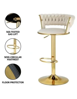 Artiss Bar Stools Gas Lift Velvet Woven Backrest Ivory (4x) in Multi