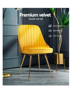 Artiss Dining Chairs Velvet Channel Tufted Set of 2 in Yellow