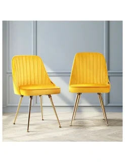 Artiss Dining Chairs Velvet Channel Tufted Set of 2 in Yellow