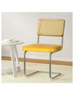 Artiss Dining Chairs Velvet Rattan Cantilever Set of 2 in Yellow