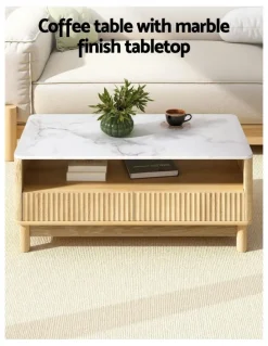Artiss Drawer Shelf Marble Effect Coffee Table in Wood/White