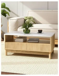 Artiss Drawer Shelf Marble Effect Coffee Table in Wood/White