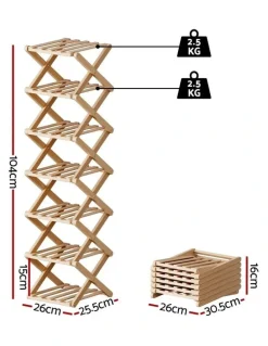 Artiss 7 Tier Bamboo Foldable Shoe Rack in Beige
