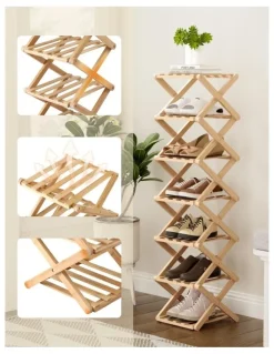 Artiss 7 Tier Bamboo Foldable Shoe Rack in Beige