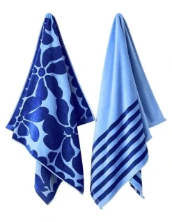 Aura Home Palma Stripe Australian Cotton Beach Towel in Royal/Powder Blue