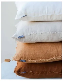 Aura Home Vintage Linen Fringe Cushion in Sand