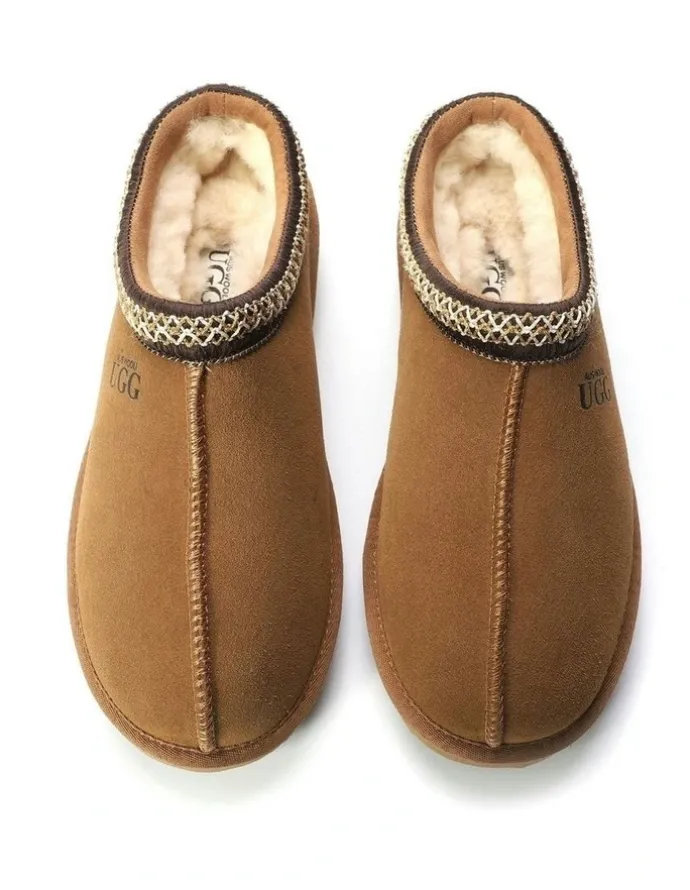 Aus Wooli Ugg Sheepskin Ankle Braid Croydon Slippers in Brown