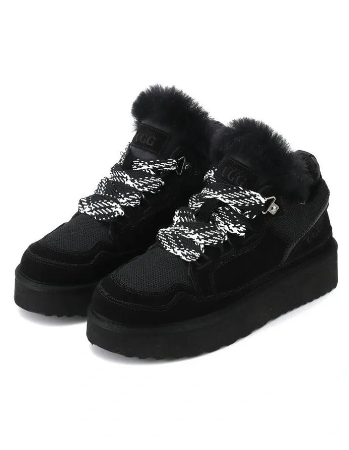 Aus Wooli Ugg Urban Chic Sheepskin Wool Lace-Up Sneakers in Black