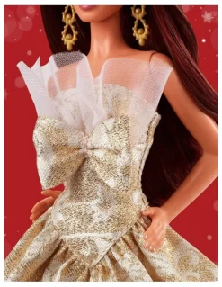 Barbie 2025 Holiday Barbie Dark Brown Hair with Silver & Gold Gown Doll