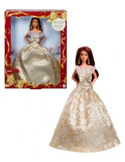 Barbie 2025 Holiday Barbie Dark Brown Hair with Silver & Gold Gown Doll