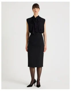 Basque Drape Twill Pencil Skirt in Black