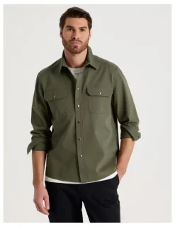 Basque Drill Overshirt With Stud Buttons in Olive