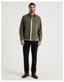 Basque Drill Overshirt With Stud Buttons in Olive