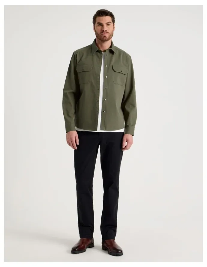 Basque Drill Overshirt With Stud Buttons in Olive