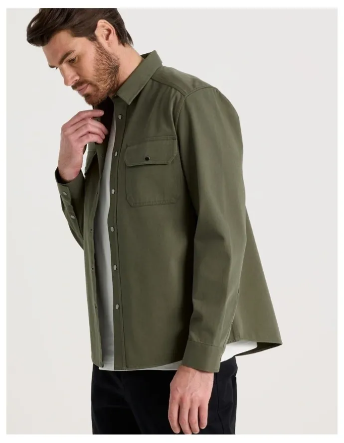 Basque Drill Overshirt With Stud Buttons in Olive