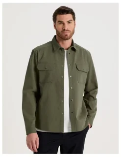 Basque Drill Overshirt With Stud Buttons in Olive