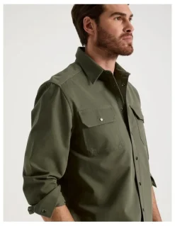 Basque Drill Overshirt With Stud Buttons in Olive